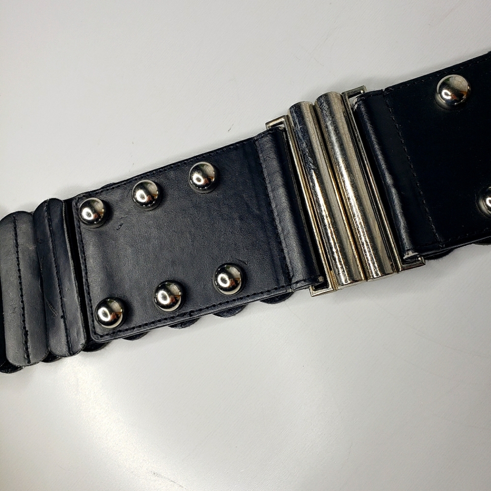 WIDE Elastic Faux Leather Sections Metal Studs Buckle 80's Y2K Goth Grunge Belt - Picture 6 of 7